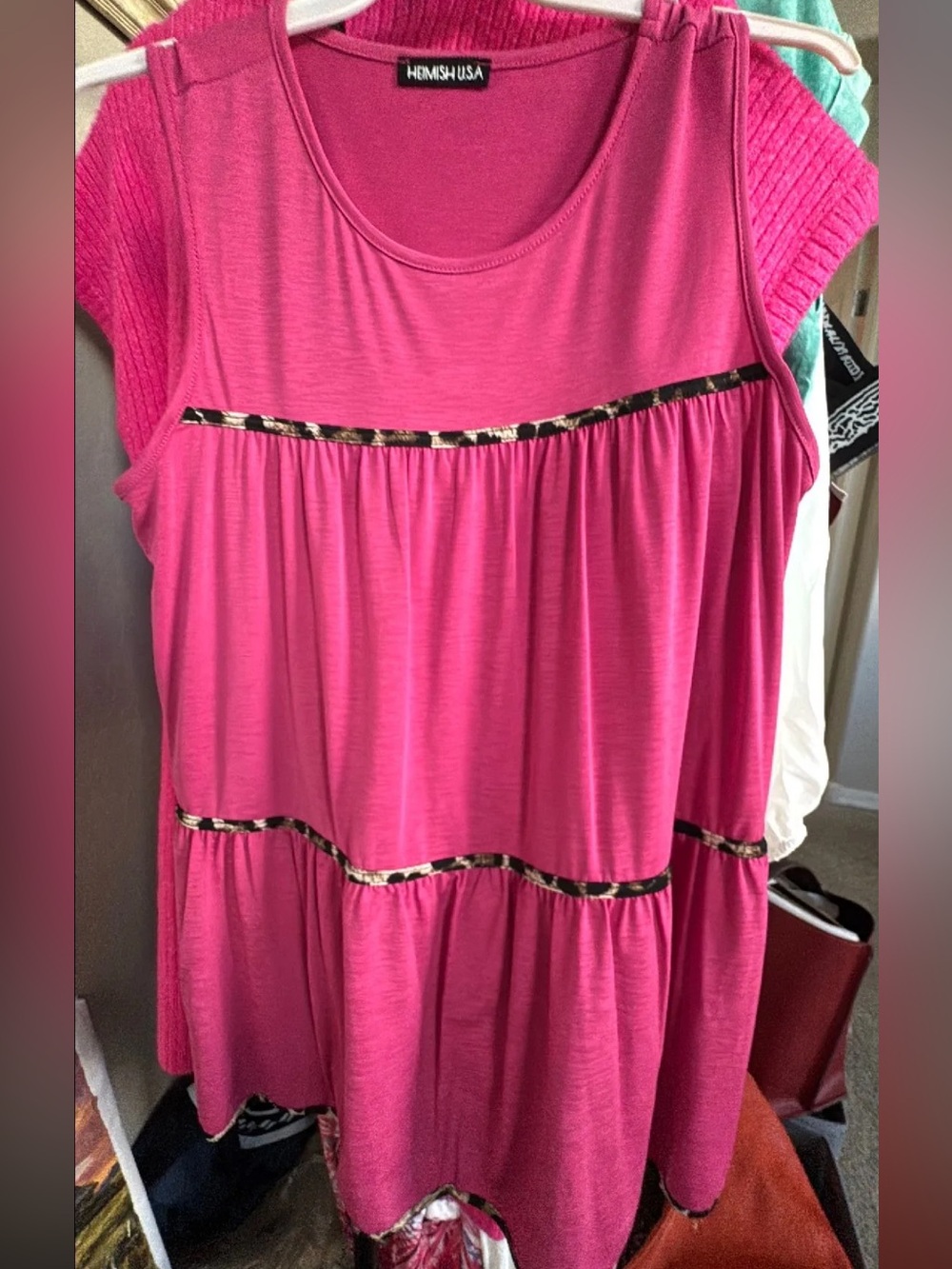 HEIMISH USA Bright Pink Sleeveless Tiered Tunic with Leopard-Trim